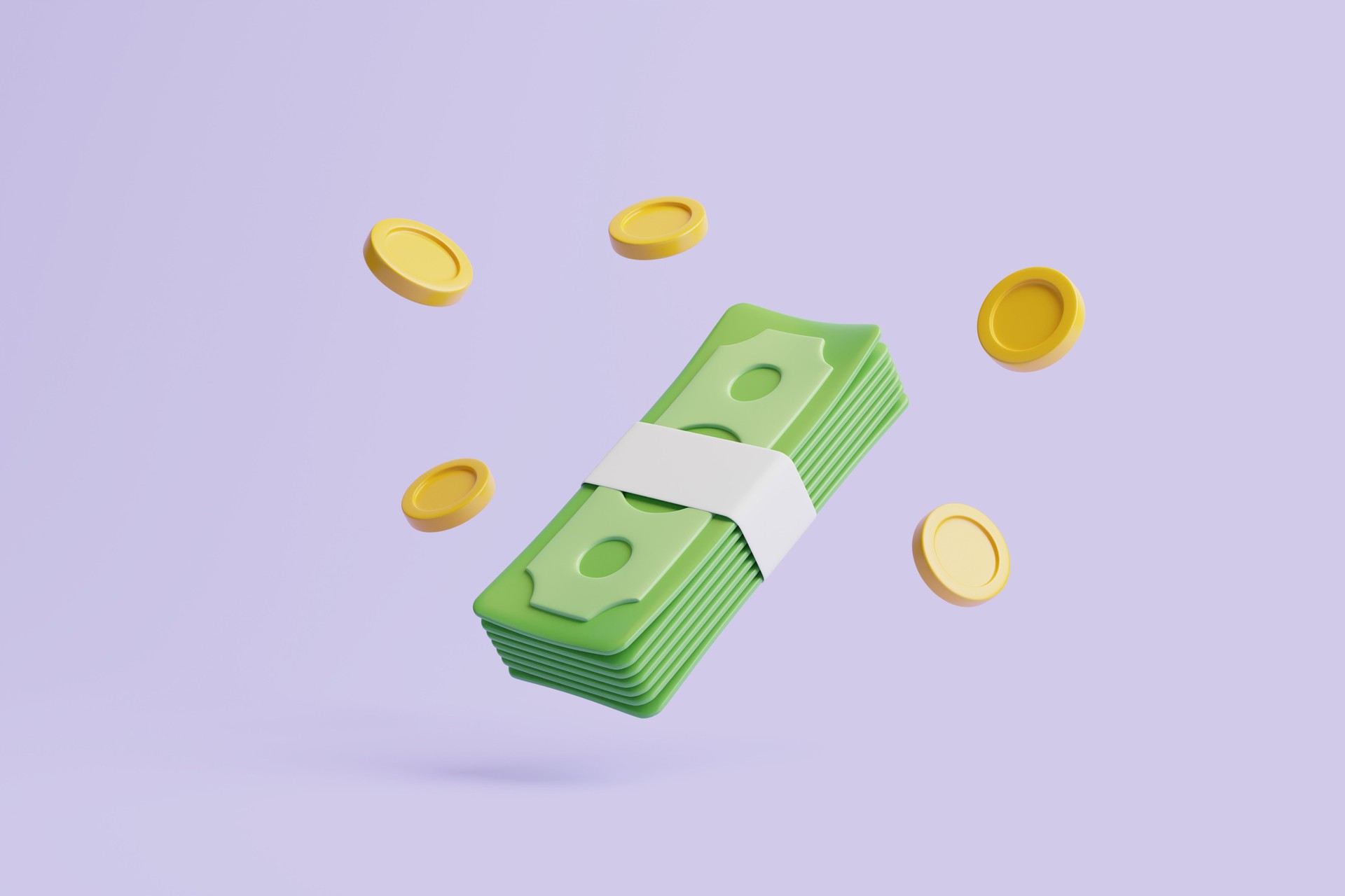 Set of Bundles of money and gold coins floating on pastel violet background
